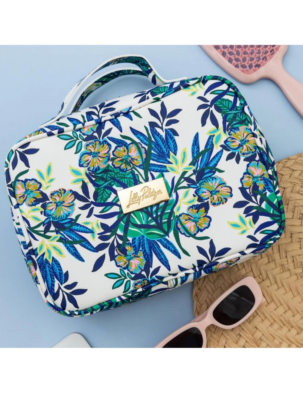 Lilly Pulitzer White Floral Travel Cosmetic Case in Blue & Green